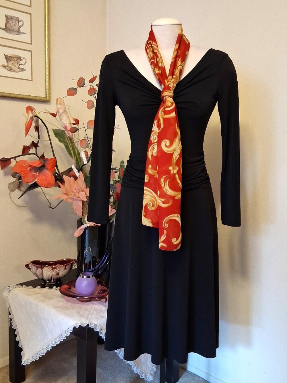 Vintage Long Floral Scarf Neckwear Wearable Art Spring Fall Winter Scarves Rare
